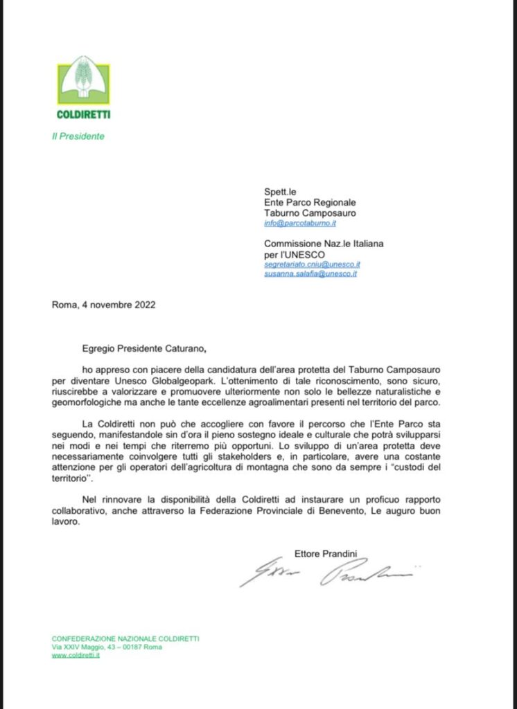 Coldiretti Nazionale, Prandini: sostegno alla candidatura GeoPark del Taburno-Camposauro